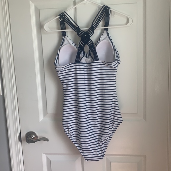 Navy and white striped one piece with ruching - Picture 2 of 9